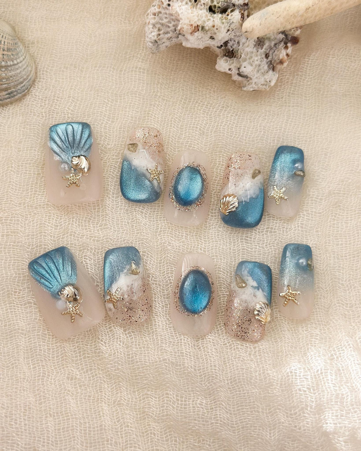 Luxury Press On Nails | Sea and Beach Nails with Seashell Accents | Summer Nails | Salon Quality | Reusable | Hand-Painted | Sea Breeze