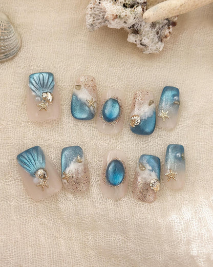 Luxury Press On Nails | Sea and Beach Nails with Seashell Accents | Summer Nails | Salon Quality | Reusable | Hand-Painted | Sea Breeze