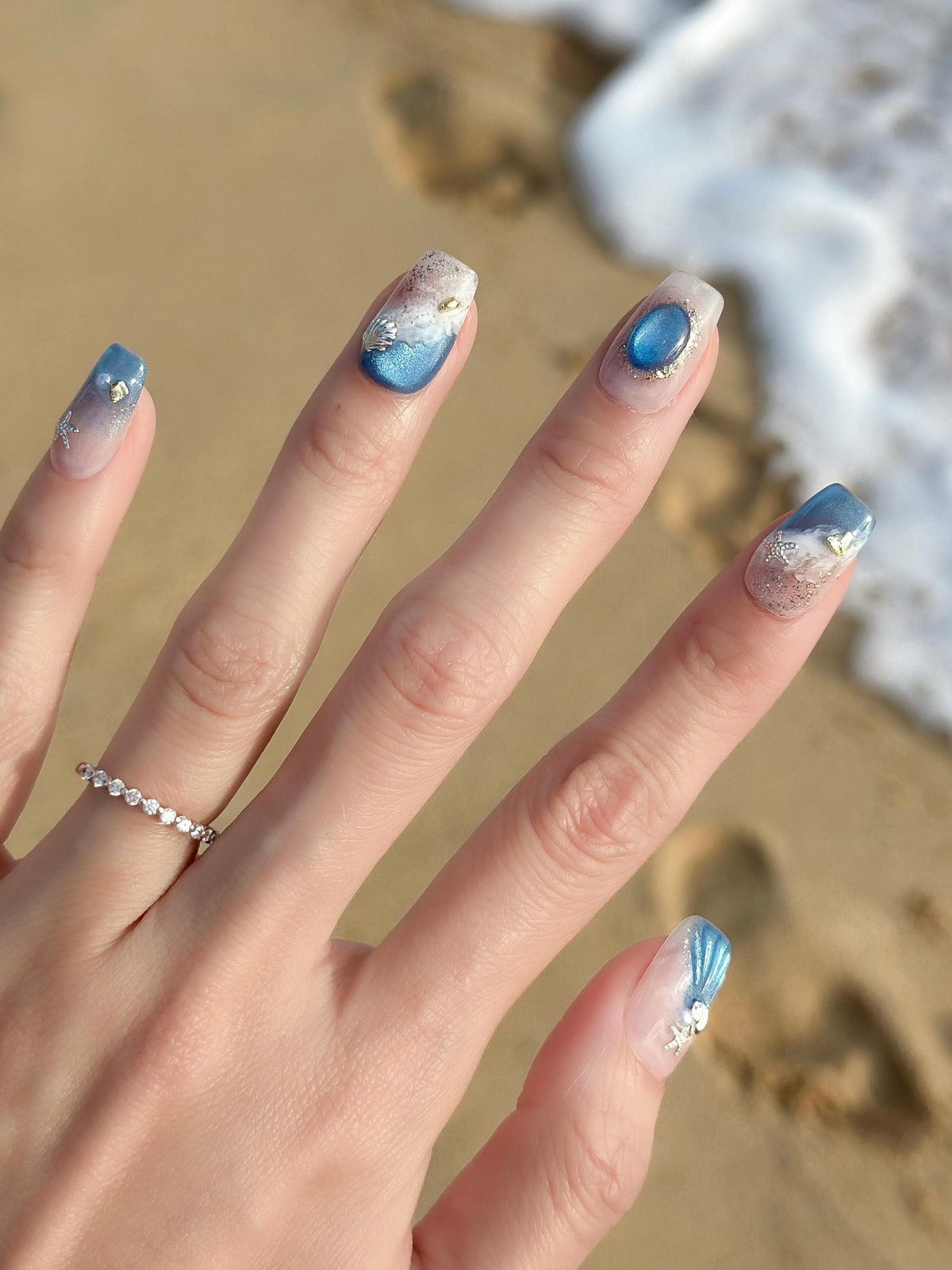 Luxury Press On Nails | Sea and Beach Nails with Seashell Accents | Summer Nails | Salon Quality | Reusable | Hand-Painted | Sea Breeze