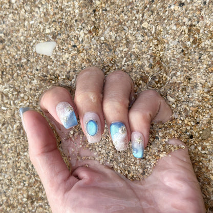 Luxury Press On Nails | Sea and Beach Nails with Seashell Accents | Summer Nails | Salon Quality | Reusable | Hand-Painted | Sea Breeze